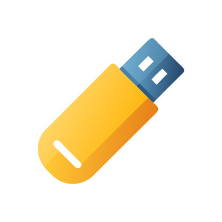 Isolated flat vector icon illustration of a yellow and blue USB flash drive on black