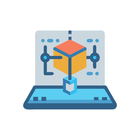 Isometric 3D Printer Model with Orange and Yellow Cube on a Light Blue Platform