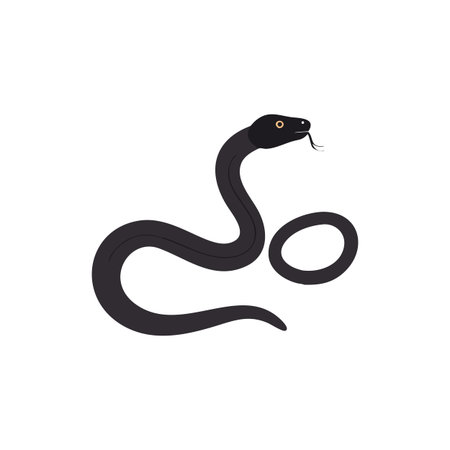 Stylized black snake illustration with yellow eyes on dark background, coiled position