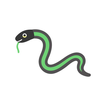 Stylized cartoon snake illustration with green stripe and tongue on a black background