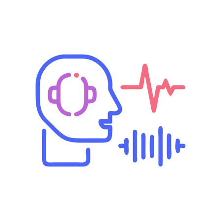 Digital listening and speech therapy concept showcasing head with headphones and waveform analysis