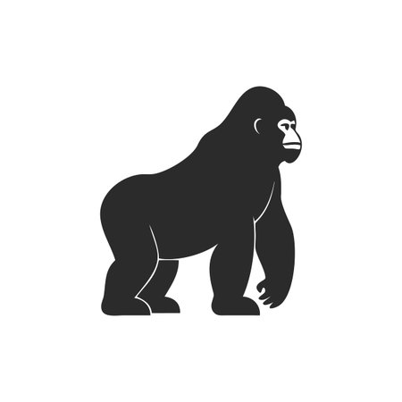 Stylized gorilla illustration in black and white on a solid black background, simple shapes.