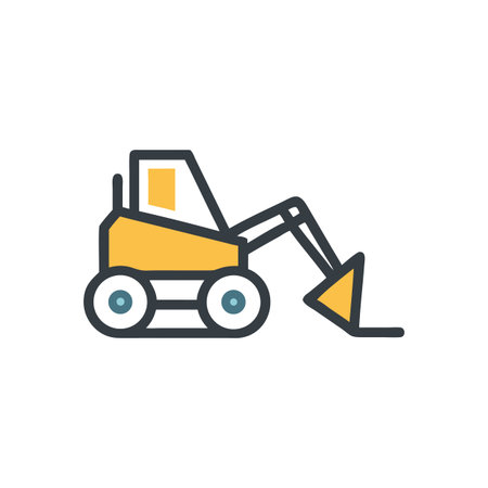 Illustrative skid-steer loader icon with bold outlines on black background representing construction