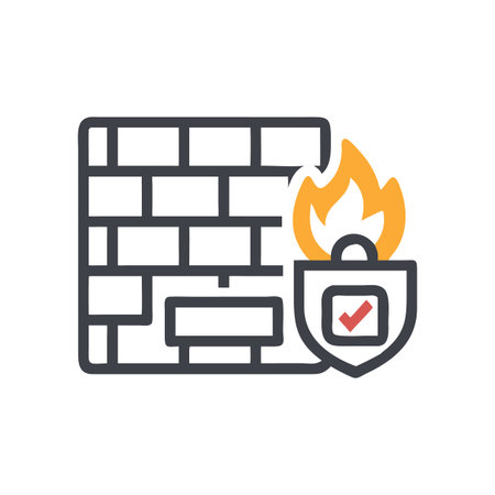 Firewall security illustration showing safety from cyber attack with brick wall and protective...