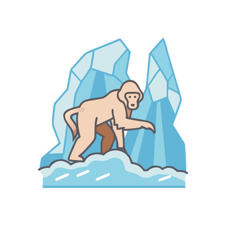 Illustration of a monkey emerging from icy cliffs and arctic landscape on black background