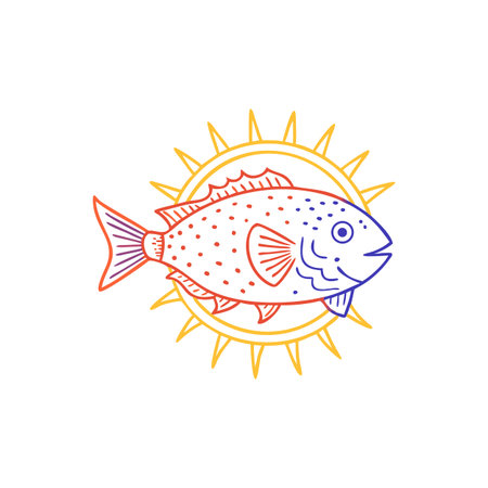 Stylized Neon Fish Illustration with Sunburst on a Black Background