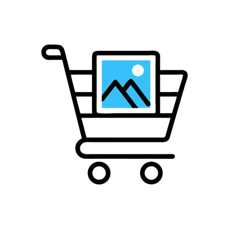 Online shopping icon with mountain and sun inside a cart on black background