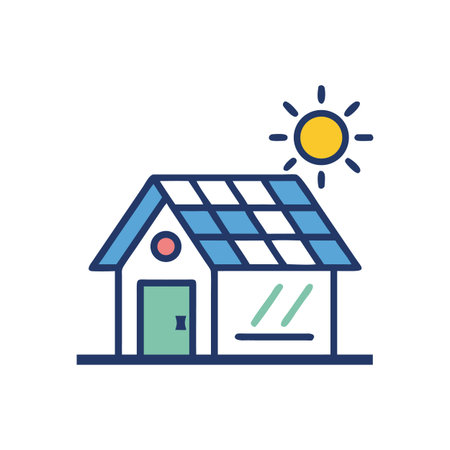 Illustration of house with solar panels on roof and sun, sustainable energy concept