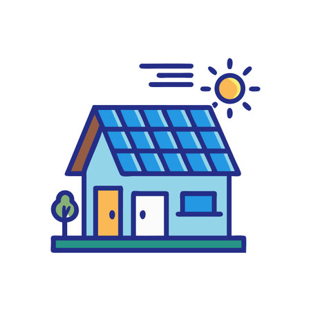 Stylized house with solar panels and sun illustration for renewable energy concept