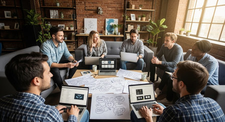Corporate Teamwork and Collaboration with Business Professionals in Modern Office Setting