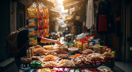 Authentic Street Food Scene with Traditional Local Cuisine and Vibrant Market Atmosphere