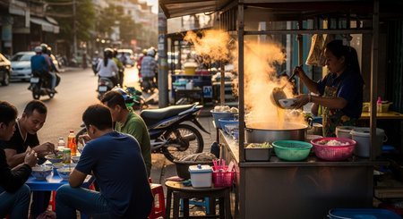 Authentic Street Food Scene with Traditional Local Cuisine and Vibrant Market Atmosphere