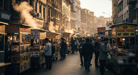 Authentic Street Food Scene with Traditional Local Cuisine and Vibrant Market Atmosphere