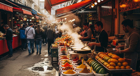 Authentic Street Food Scene with Traditional Local Cuisine and Vibrant Market Atmosphere