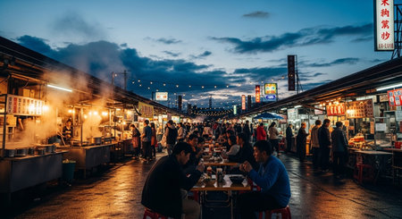 Authentic Street Food Scene with Traditional Local Cuisine and Vibrant Market Atmosphere