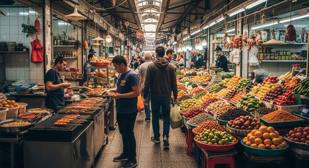 Authentic Street Food Scene with Traditional Local Cuisine and Vibrant Market Atmosphere