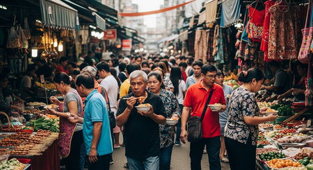 Authentic Street Food Scene with Traditional Local Cuisine and Vibrant Market Atmosphere