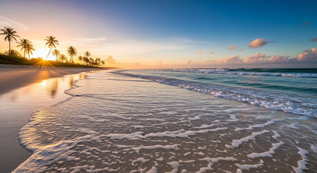 Tropical Beach Landscape with Crystal Clear Ocean, Palm Trees and Coastal Paradise