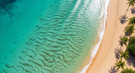 Tropical Beach Landscape with Crystal Clear Ocean, Palm Trees and Coastal Paradise