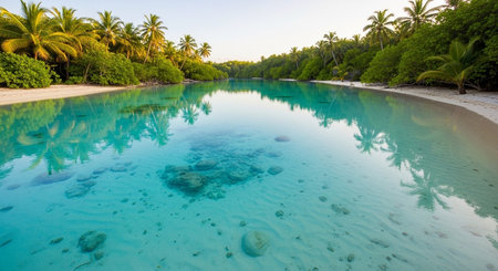 Tropical Beach Landscape with Crystal Clear Ocean, Palm Trees and Coastal Paradise