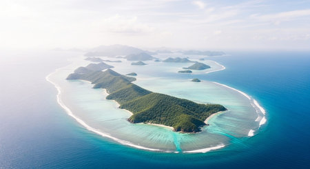 Tropical Beach Landscape with Crystal Clear Ocean, Palm Trees and Coastal Paradise