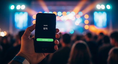 Hand holding smartphone with live music concert blurred background, technology and entertainment concept
