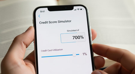 Hand holding a smartphone with a credit score simulator application on the screen. The application displays a simulated credit score of 700% and credit card utilization at 1%.