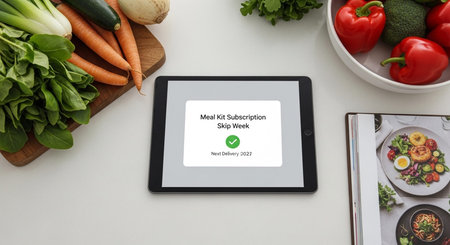 Tablet pc showing healthy food apps against overhead view of white table