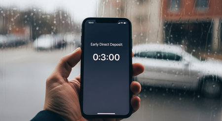 male hand holding a smartphone with the app on the screen on the background of the rain
