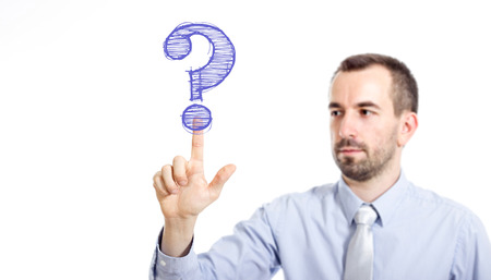 Question Mark Young businessman with small beard touching text - horizontal imageの写真素材