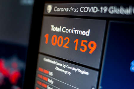 Over 1 million. Number of Total Confirmed Cases. Coronavirus COVID-19 global cases Map Johns Hopkins University map on monitor display.のeditorial素材