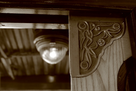 Ornamental detail of a vintage wooden streetcarの写真素材