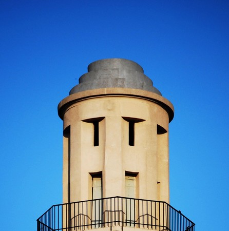 Tower peak with balustrade and blue sky.の写真素材