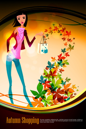 Autumn Shopping with Beautiful Woman holding Bag | Falling Leafsのイラスト素材