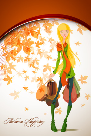 Autumn Shopping with Beautiful Woman holding Bag | Falling Leafsのイラスト素材