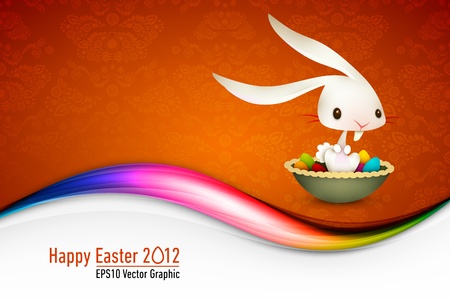 Easter Bunny Sitting in Bowl full of Colored Eggs| EPS 10 Vector Card | Layers Organized and Named Accordinglyのイラスト素材