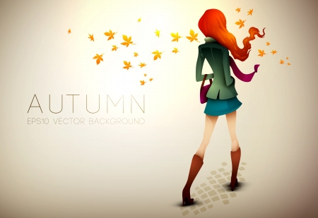 Autumn Background | Young Woman in wind | Layered Illustrationのイラスト素材
