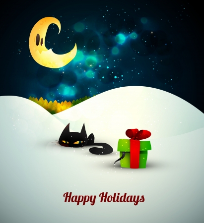 Kitten playing with gift box alone in the snow under moonlight   のイラスト素材