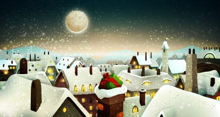 Peaceful Town Under Moonlight At Christmas Eve | Holiday Greeting Card, Banner のイラスト素材