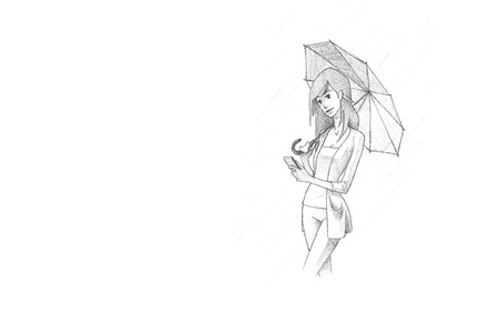 Hand-drawn Sketch, Pencil Illustration, drawing of Beautiful girl with cellphone and umbrella | High Resolution Scanの写真素材