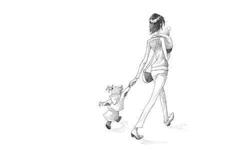 Hand-drawn Sketch, Pencil Illustration, Drawing of Woman Waking Hurried With Her Children  | High Resolution Scanの写真素材