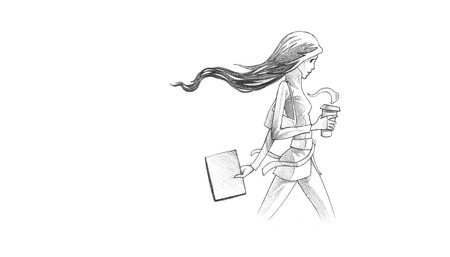 Hand-drawn Sketch, Pencil Illustration, Drawing of Young Woman With Her Coffee To Go | High Resolution Scan, Decent Copy Spaceの写真素材