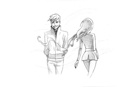 Hand-drawn Sketch, Pencil Illustration, Drawing of Woman and man passing by each other | High Resolutionの写真素材