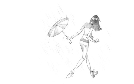 Hand-drawn Sketch, Pencil Illustration, Drawing of Young Woman hiding from Rain with Umbrella | High Resolution Scanの写真素材