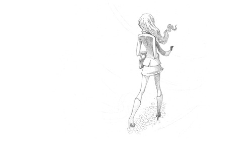 Hand-drawn Sketch, Pencil Illustration, Drawing of Young Woman in wind | High Resolution Scan, Decent Copy Spaceの写真素材