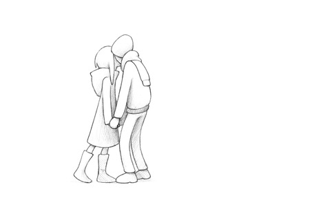 Pencil Illustration, Drawing of Young Couple in Love | High Resolution Scan, Decent Copy Spaceの写真素材