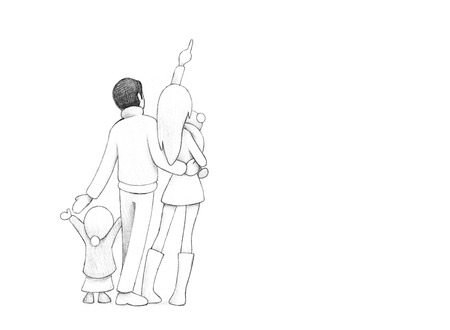 Pencil Drawing of Happy Family Celebrating New Year's eve Together | High Resolution Scan, Decent Copy Spaceの写真素材