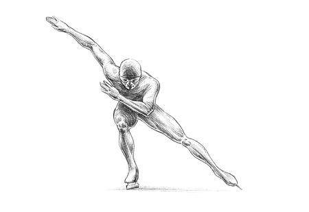 Hand-drawn Sketch, Pencil Illustration of a Short Track Speed Skater | High Resolution Scan, Decent Copy Spaceの写真素材
