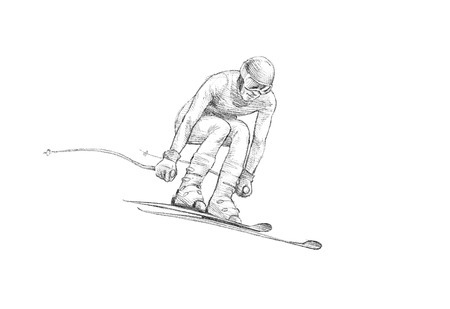 Hand-drawn Sketch, Pencil Illustration of an Alpine Skier Jumping Downhill | High Resolution Scan, Decent Copy Spaceの写真素材