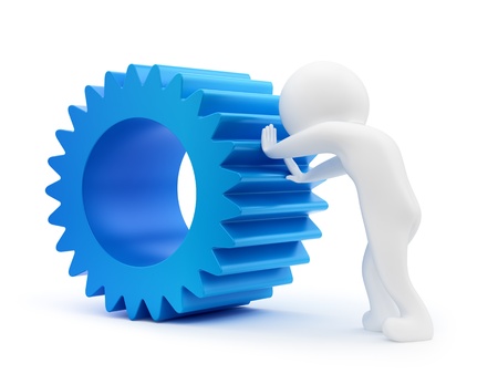  render of a man pushing a gear, isolated on white の写真素材